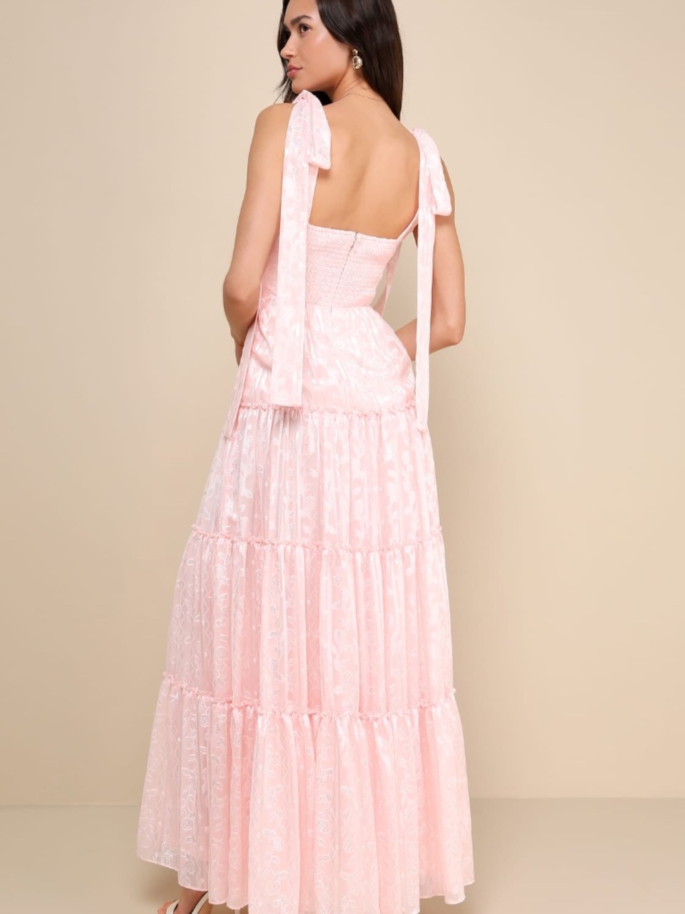 NWT Lulus Picturesque Allure Blush Pink Jacquard Tie-Strap Maxi Dress - Picture 2 of 9